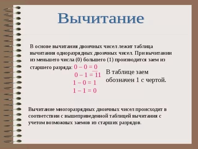 Двоичные числа из 0 1. Таблица вычитания в двоичной системе счисления. Вычитание двоичных чисел. Таблица вычитания двоичных чисел. Вычитание чисел в двоичной системе.