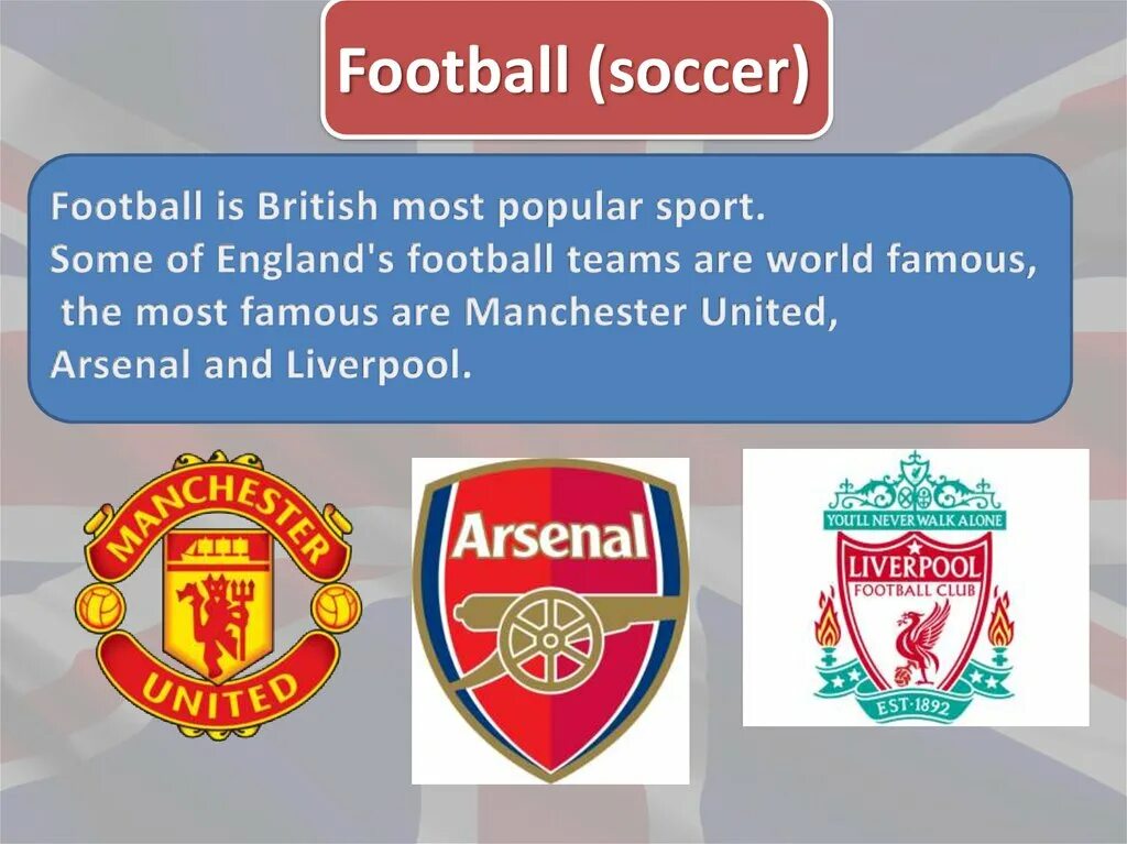 The national sport of england 7. Футбольные клубы на английском языке. Презентация на английском по футболу. Британские футбольные клубы. Sport презентация на английском.