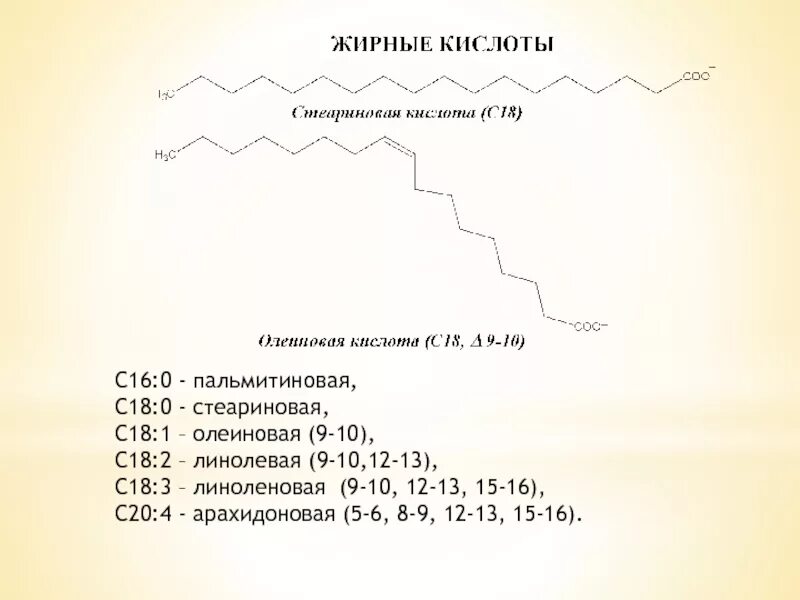 Пальмитиновая стеариновая олеиновая линолевая линоленовая. Пальмитиновая с 16:0. Линолевая кислота с18 2.