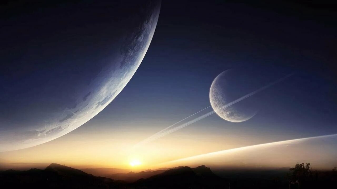 планеты вместо луны. океан с космоса. небо космос. горы на фоне планеты. небо с планетами.