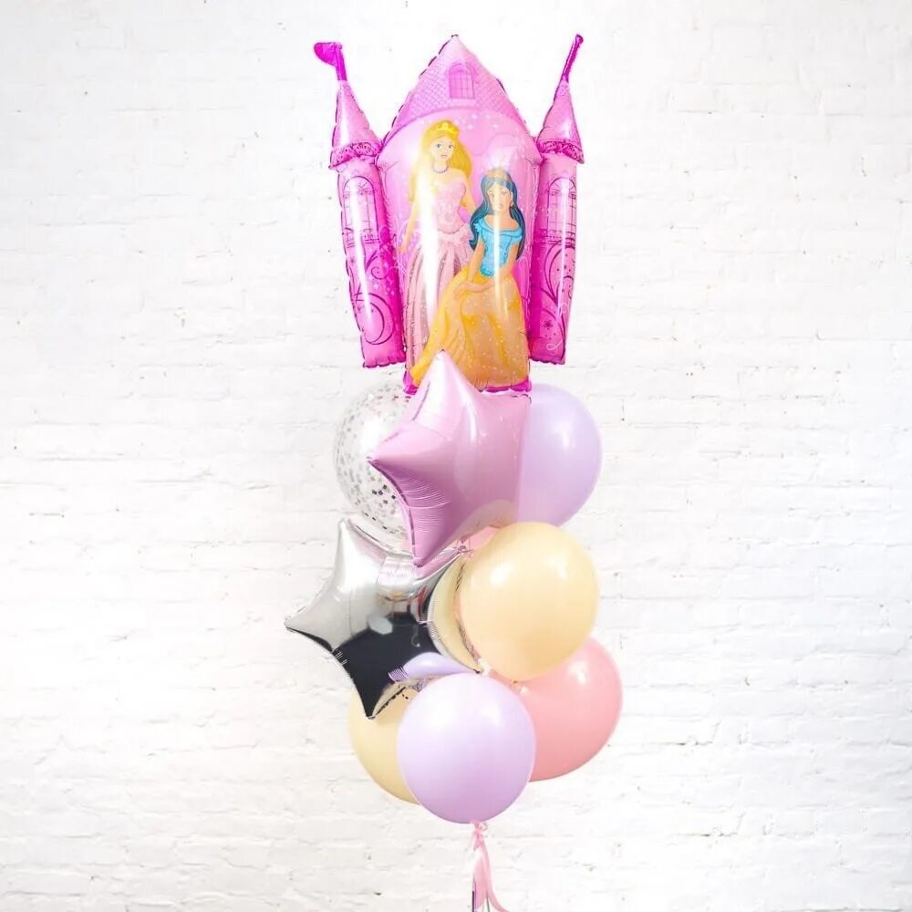 Замок на шаре. Шар фольгированный фигура "принцессы и замок розовый" 34". Фонтан шаров для девочки. Воздушные шары принцессы. Фонтан из шаров с принцессами.