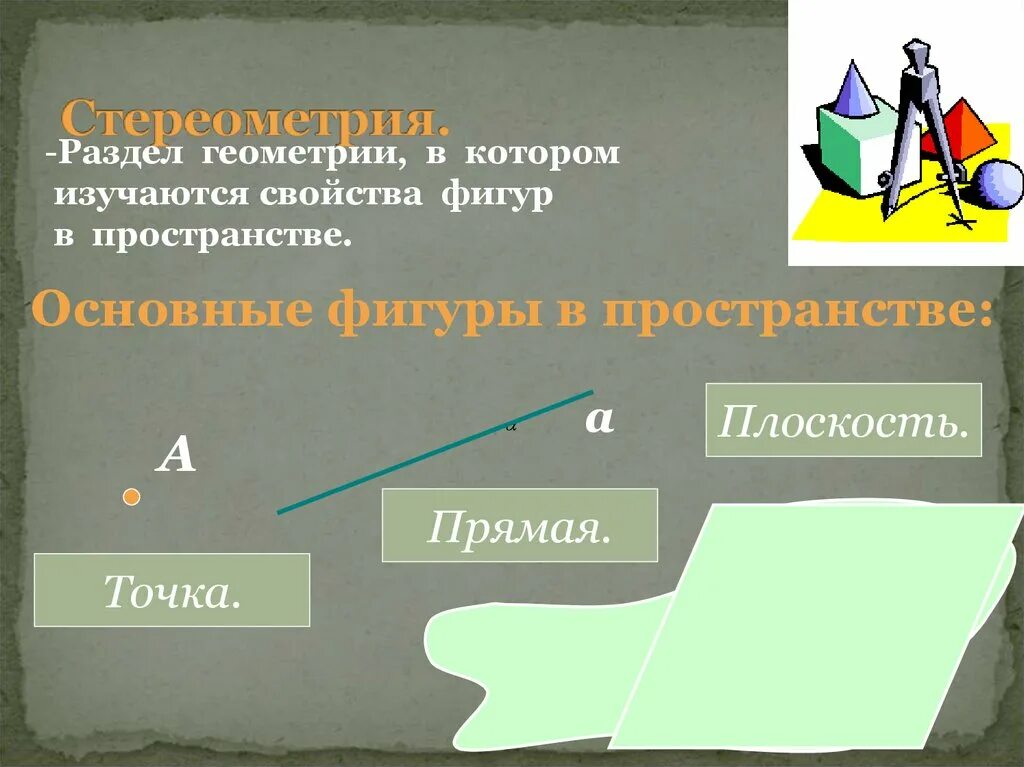 Аксиома презентация. Раздел геометрии изучающий фигуры в пространстве. Раздел геометрии в котором изучаются свойства фигур в пространстве. Раздел геометрии изучающий свойства фигур на плоскости. Стереометрия это раздел геометрии в котором изучаются свойства фигур.