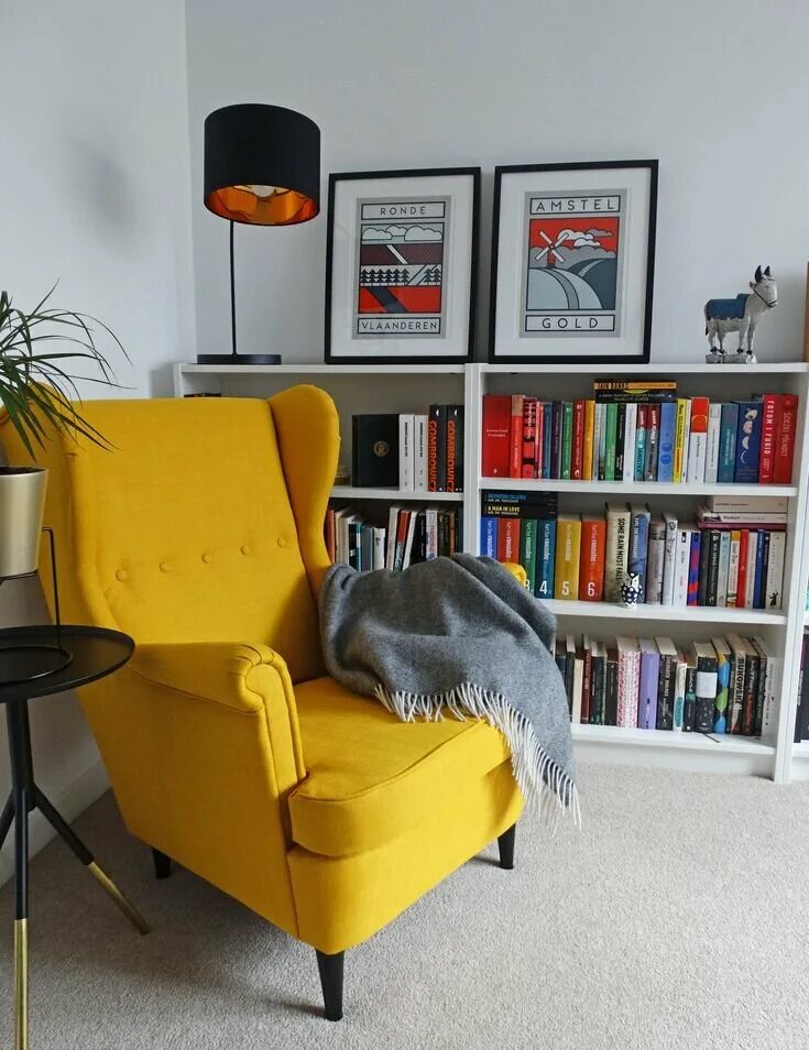 Желтое кресло в интерьере My living room, my reading corner, my favourite spot to relax with my pup. #ikea