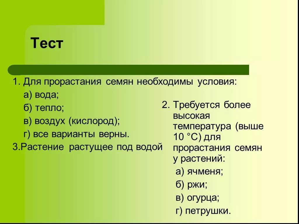 Тест прорастание семян 6 класс с ответами