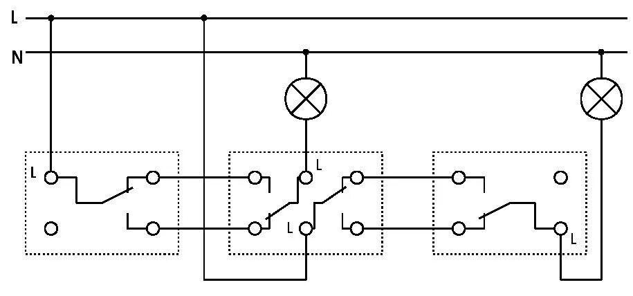 Схема подключения проходного выключателя с 3х мест. Схема подключения 3 проходных выключателей на 2 лампочки. Проходной выключатель одноклавишный с 4 мест схема. Схема подключения двухклавишного выключателя с 3 мест.
