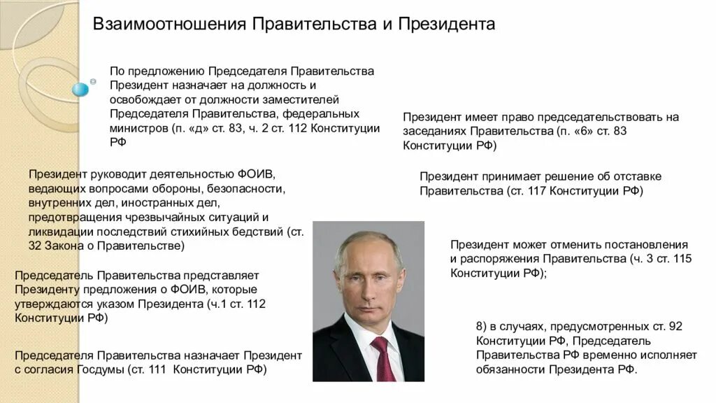 Назначение на должность по представлению президента рф. Взаимодействие правительства и президента РФ по Конституции. Взаимодействие президента и правительства РФ. Взаимоотношения президента с правительством. Взаимоотношения правительства РФ И президента РФ.