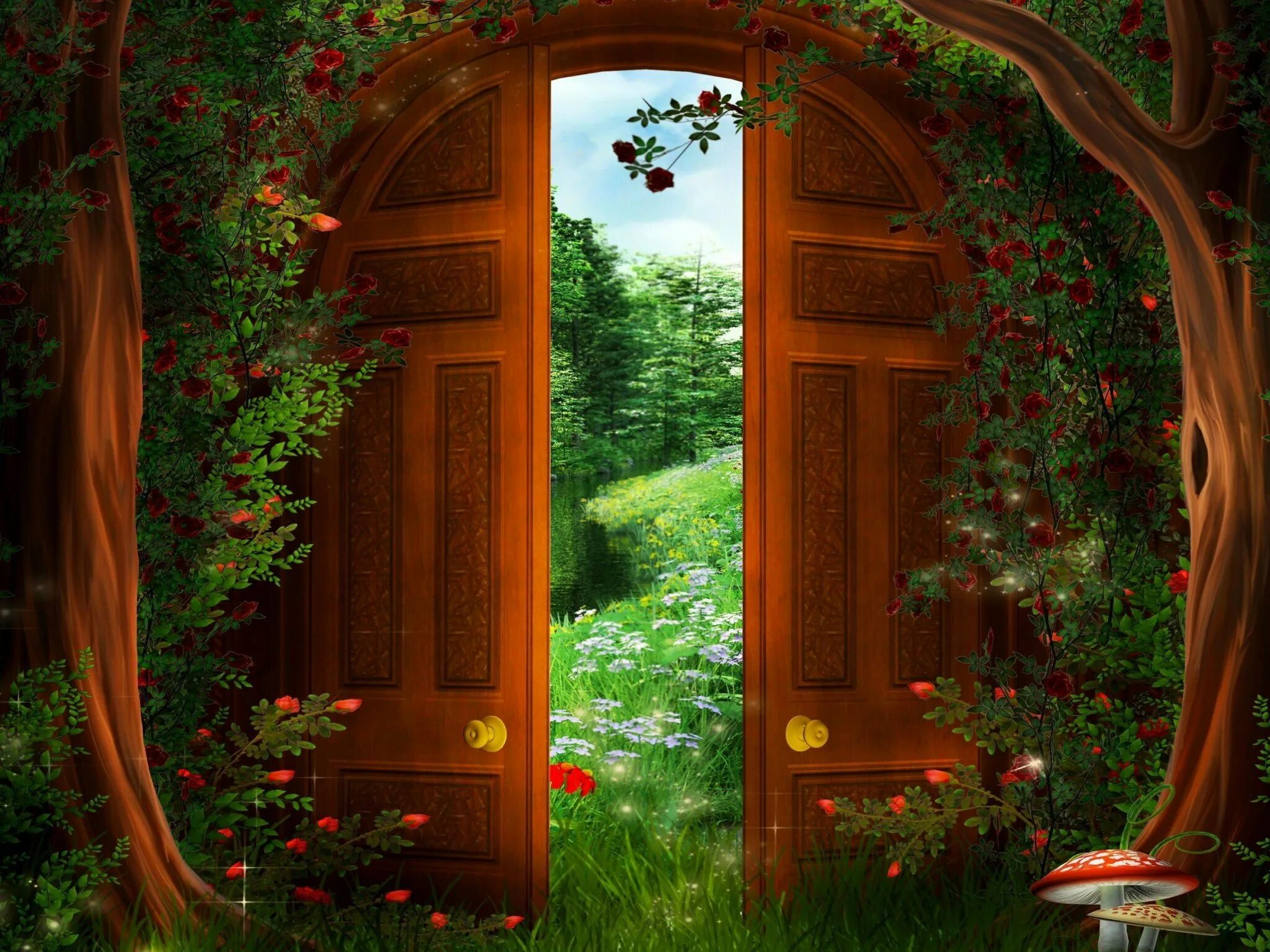 Открытые двери. Сказочные ворота. Сказочная дверь. Дверь в волшебную страну.