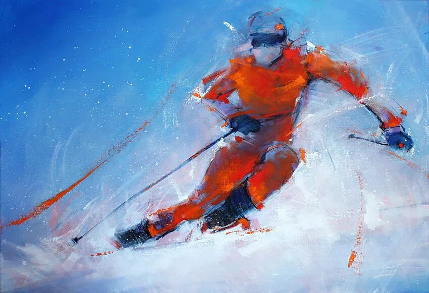 Картина лыжники. Горные лыжи живопись. Лыжники живопись. Живопись горнолыжный спорт. Горнолыжник акварель.