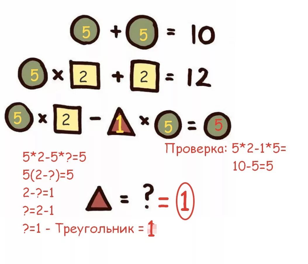 Круг плюс круг равно. Задание с кружком квадратом и треугольником. Задача из квадратов,кругов и треугольников. Головоломка с треугольниками и кружками. Треугольник квадрат круг задача.