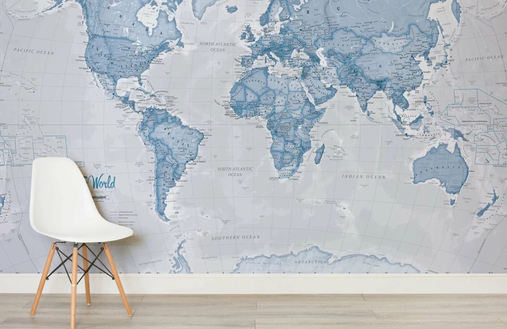 Blue and white world map