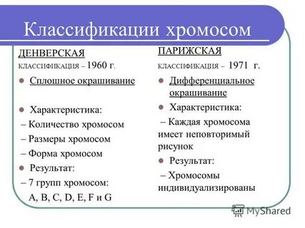 Назовите известные классификации хромосом
