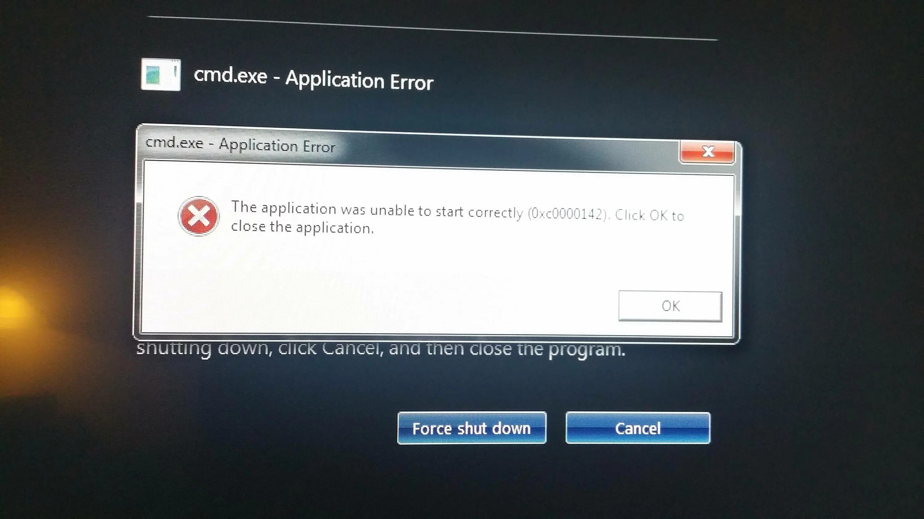 Ошибка запуска exe. Cmd ошибка. cmd.exe ошибка. ошибка при запуске. ошибка 0xc0000142 после выключения.