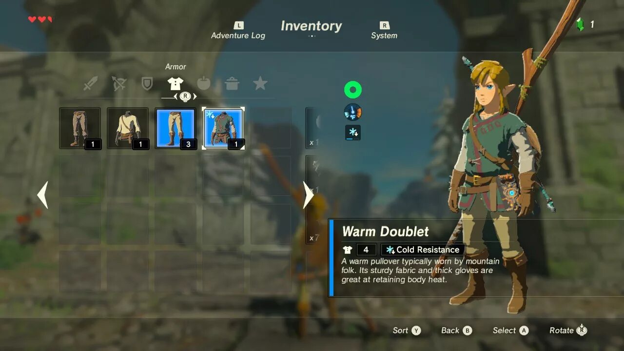 Yuzu zelda настройки. Legend of Zelda Breath of the Wild теплый дублет. Зельда инвентарь. Зельда броня. Рецепты Зельда Breath of the Wild.