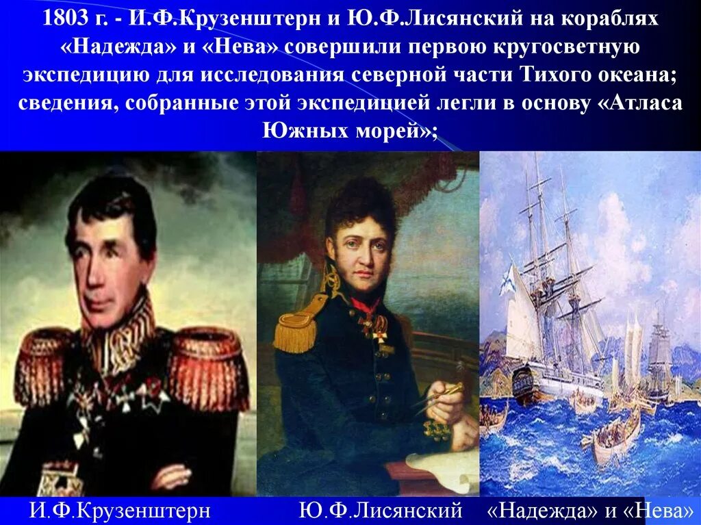 Первая российская кругосветная. И.Ф. Крузенштерн и ю.ф. Лисянский. И.Ф.Крузенштерн(1770 – 1846) и ю.ф.Лисянский (1773 - 1837).