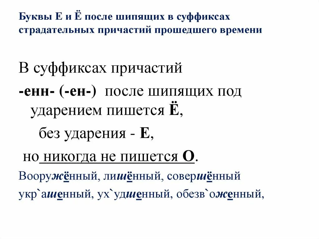 Е Ё В суффиксах причастий после шипящих. Буква ё после шипящих в суффиксах. Правописание о и ё после шипящих в причастиях. Буквы после шипящих в суффиксах причастий. О е в суффиксах причастий