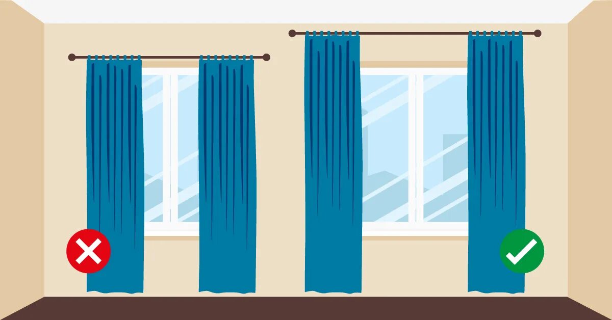 Как правильно повесить шторы окно. Правильная высота штор. Как правильно вешать шторы. Расположение штор на окне. Шторы на ширину окна.