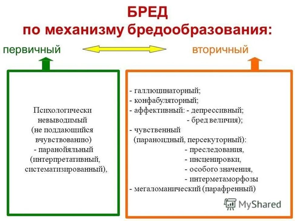 Виды бреда. Первичный и вторичный бред. Первичный бред пример. Виды первичного бреда. Первичный и вторичный бред психиатрия.