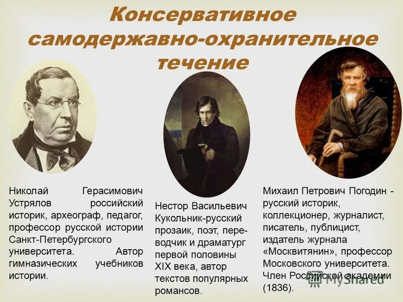 Погодин общественное движение. Консервативное самодержавно охранительное течение. Консервативное самодержавно охранительное представители.