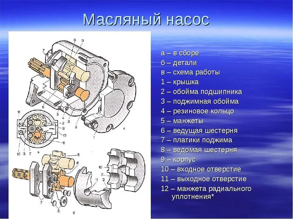 Работа масляного. Схема устройства и работы масляного насоса. Масляный насос системы смазки двигателя. Устройство масляного насоса системы смазки двигателя. Принцип работы масляного насоса двигателя автомобиля.