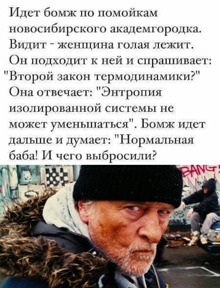 2 закон термодинамики анекдот. Бомж к чему снится женщине. К чему снится обоссанная женщина. Бомж идет по академгородку идет. К чему снится обоссанная женщина.