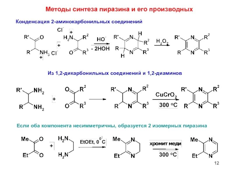 27 синтезы. Методы синтеза дикарбонильных соединений. Синтез пиразина. Пиразин гидрирование. Циклизация 1.4 дикарбонильных соединений.