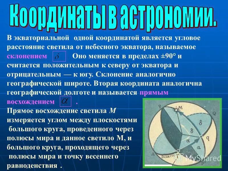 угловое расстояние светила от небесного экватора. склонение и прямое восхождение. большой круг небесной сферы, проходящий через полюсы мира и светило. прямое восхождение на небесной сфере. склонение в экваториальной системе координат.