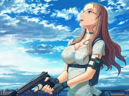 anime anime girls glasses long hair blue eyes weapon gun clouds Heckler &am...