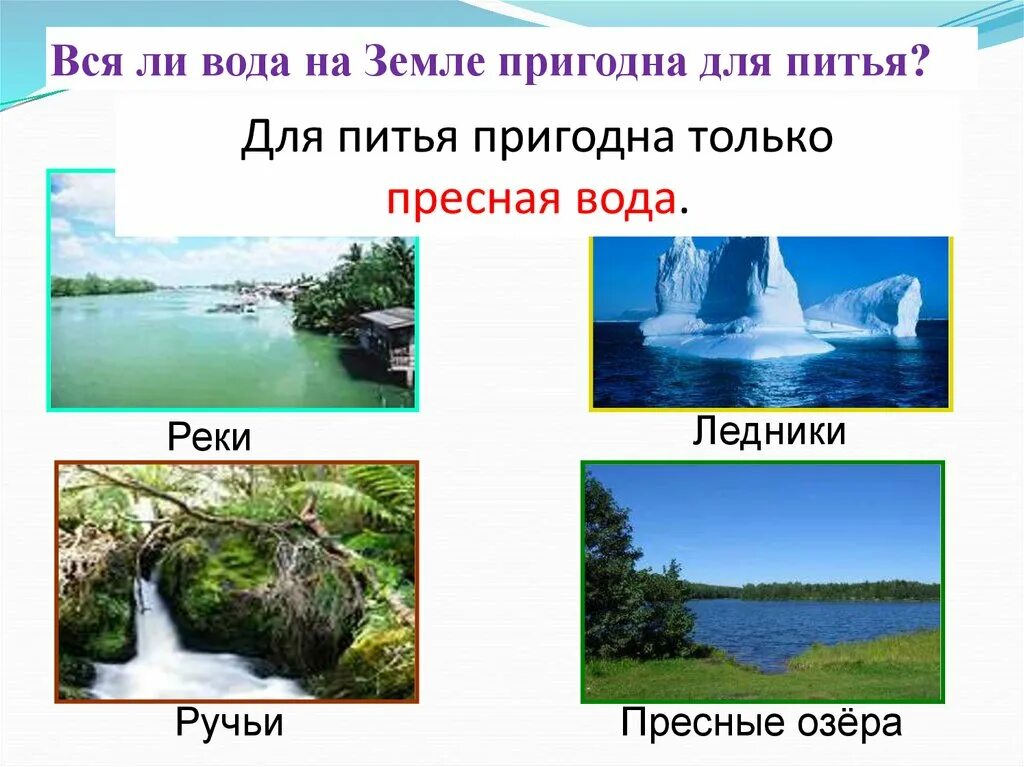 Источники пресной воды. Источники пресной воды на земле. Источники пресной солёной воды. • Источники пресной воды окружающий мир. Пресные воды география