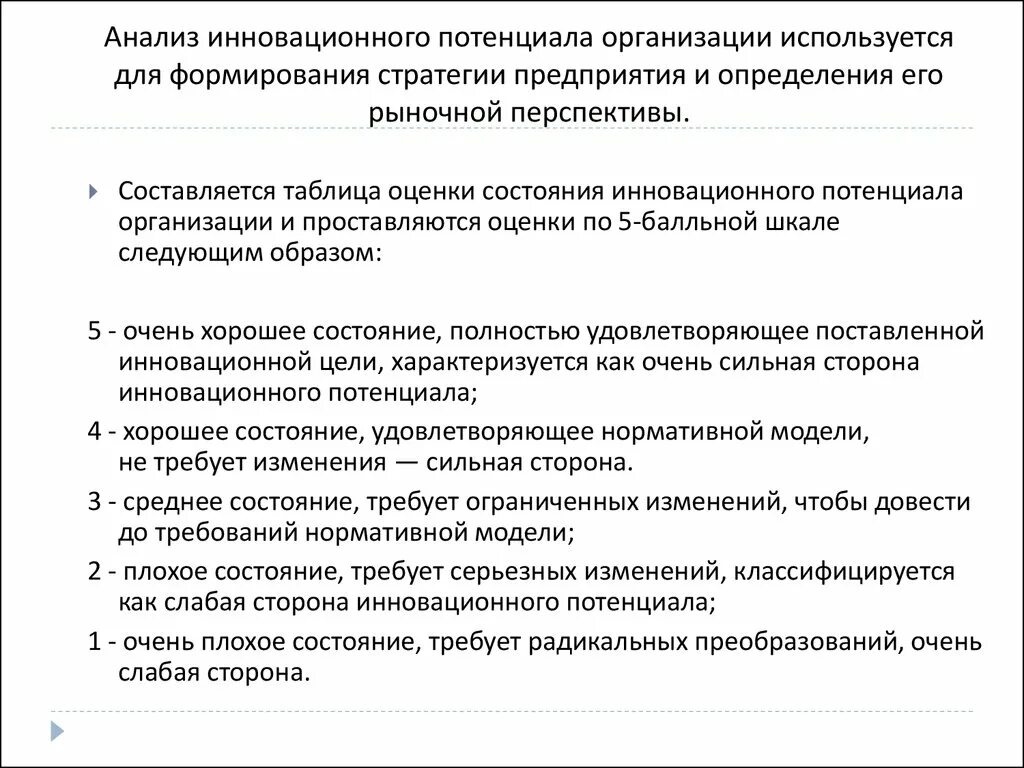 Анализ инновационной активности организации. Анализ стратегического потенциала организации. Анализ инновационной деятельности предприятия. Анализ инновационного потенциала