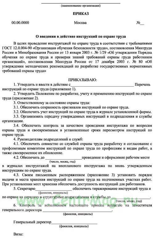 Действующий приказ по охране труда. Приказ о вводе инструкции по охране труда. Приказ об утверждении инструктажей по технике безопасности. Приказ руководителя об утверждении инструкции по охране труда. Приказ об утверждении перечня инструкций по охране труда.