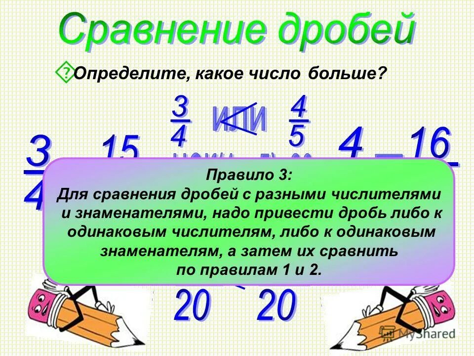 Сравнение больших дробей. Сравнение дробей с разными знаменателями и числителями. Правило сравнения дробей. Правила сравнения дробей с разными знаменателями. Правило сравнения дробей с разными знаменателями и числителями.