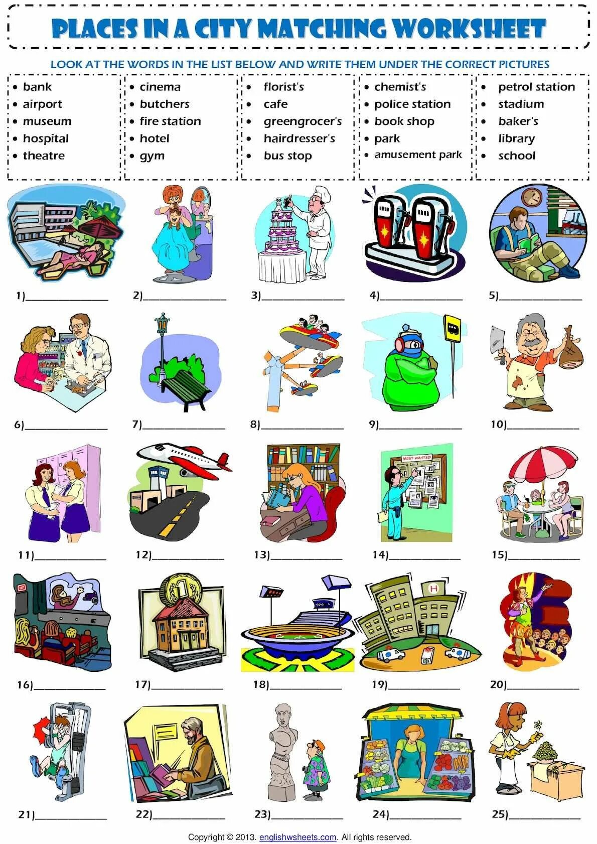 Задания places in the City. Город Worksheets. Places in English упражнения. Places in the City Worksheets. Match the signs to the shops