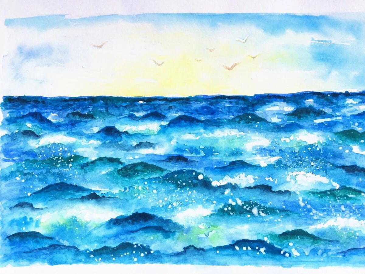 Выполнить рисунок показывающий удивительную красоту моря. Море рисунок для детей. Море рисунок красками. Морской пейзаж цветными карандашами. Risunk Mope.
