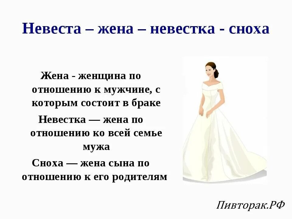 Супруг и жена в чем разница. Сноха и невестка. Кто такая невестка в семье. Приметы про свадебное платье. Высказывания про свадебное платье.