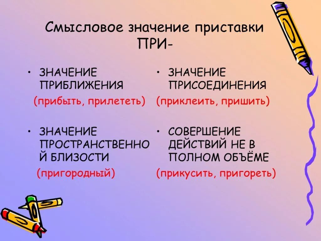 Значение приставки в слове придать. Значение приставки при. Правописание смысловых приставок. Смысловая приставка при. Приставка при значение приближения примеры.