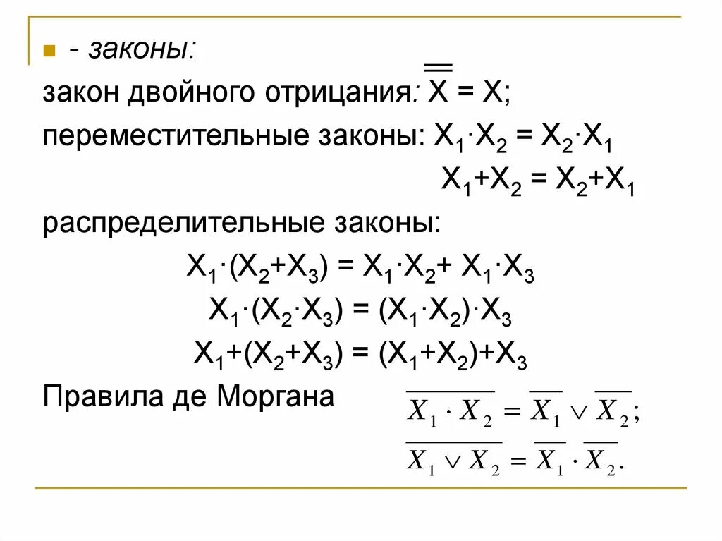 Закон 10.2. Правило де моргана. закон де моргана двойное отрицание. отрицание x на отрицание x. правило двойного отрицания.