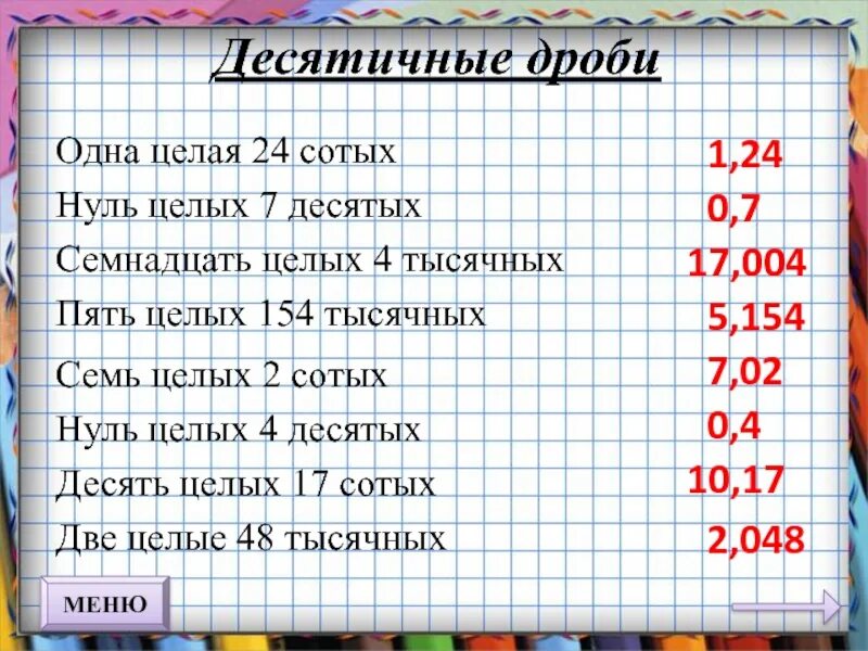 Шестьдесят семнадцать. Целые десятые сотые. Ноль целых ноль сотых. Сотые десятые в десятичных дробях. Таблица округления десятичных дробей.