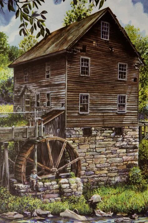 Мельница старый дом. Водяная мельница. Старая водяная мельница. Водяная мельница живопись. Картины с изображением мельницы.