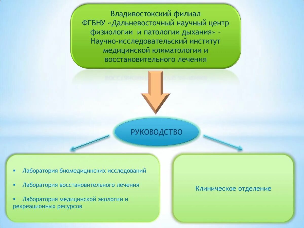 Казенное научное учреждение. Дальневосточный научный центр физиологии и патологии дыхания. Институт климатологии. Структура отделения восстановительного лечения. Бюджетное научное учреждение.