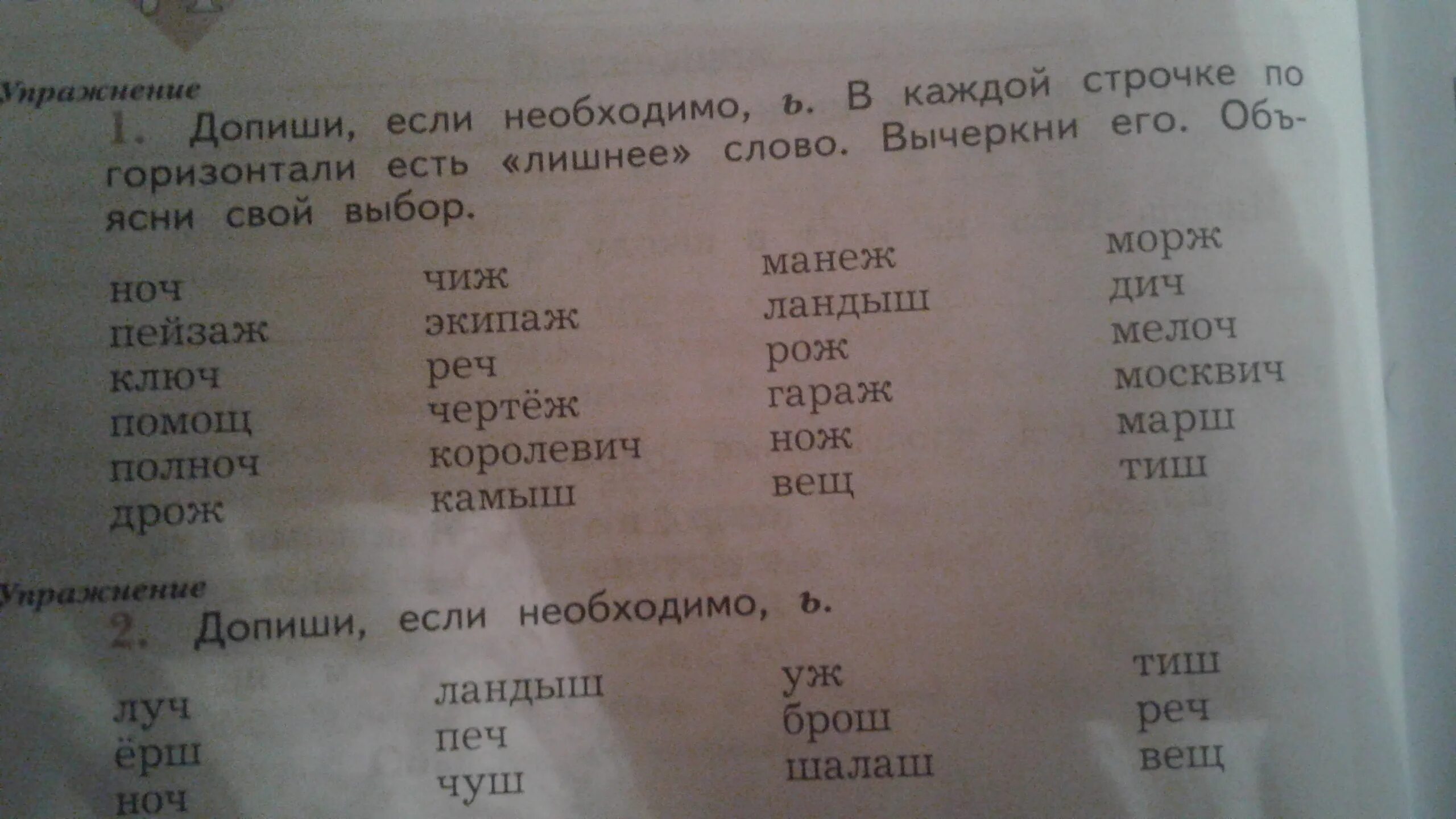 Найди лишнее слово в каждой группе спиши. Допиши если необходимо ь. Допиши если необходимо ь в каждой строчке. Допиши если необходимо мягкий знак в каждой строчке. Слова и одно слово лишнее.