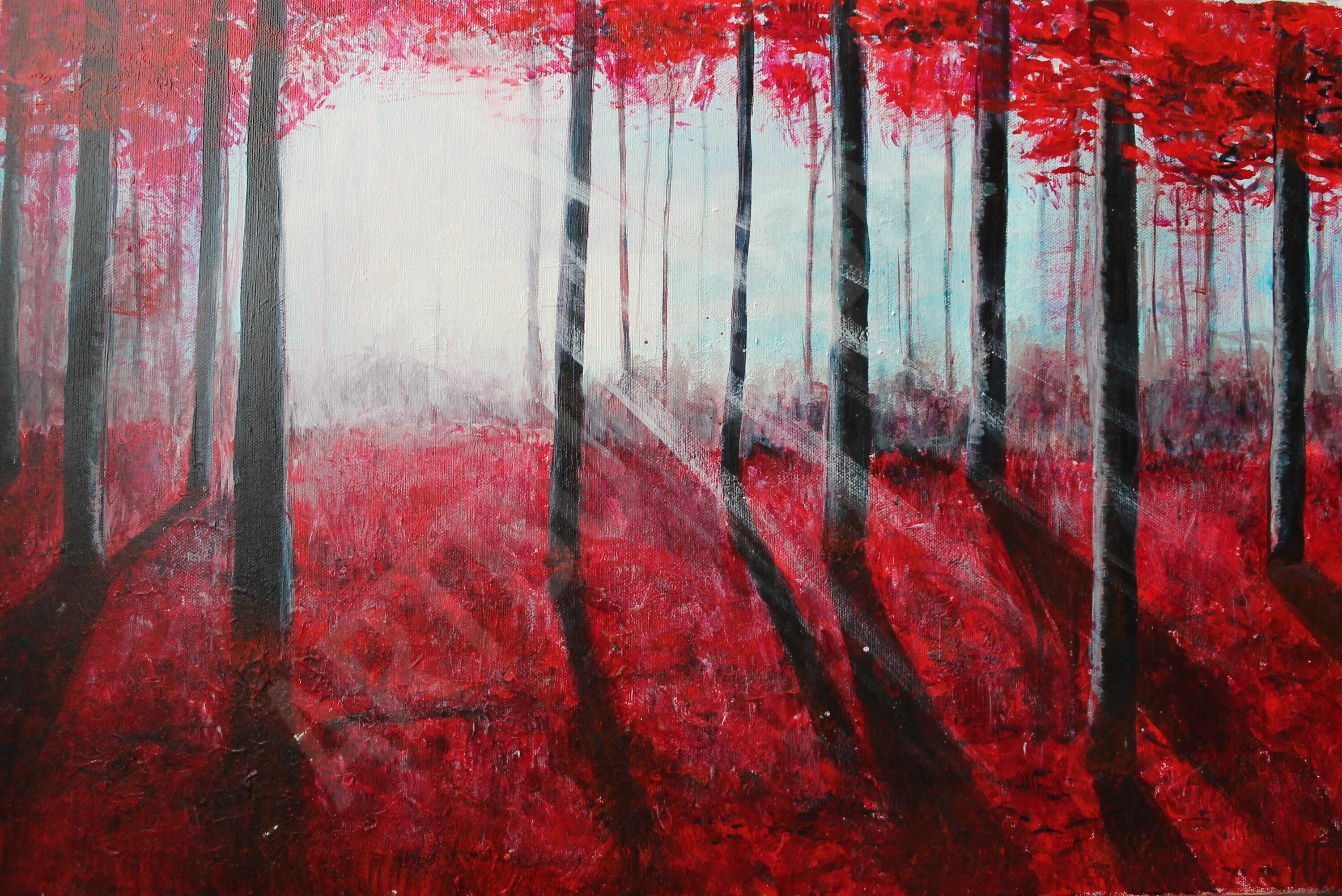 Красный лес участок. Красный в живописи. Картина в красных тонах. Кантина в красных тонах. Алый лес.