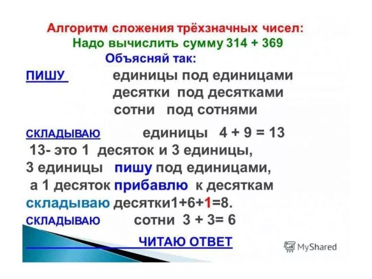 Алгоритм сложения и вычитания трехзначных чисел. Алгоритм сложения чисел. Алгоритм письменного сложения и вычитания. Алгоритм сложения трехзначных чисел.