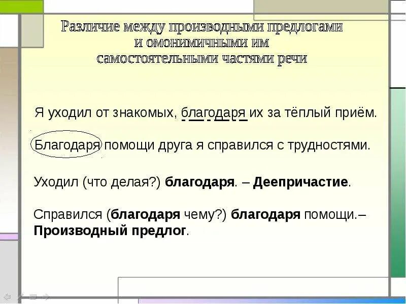 Различие между производными предлогами и. Производные предлоги. Предложение с производным предлогом. Благодаря производный предлог. В каких предложениях пропущены производные предлоги