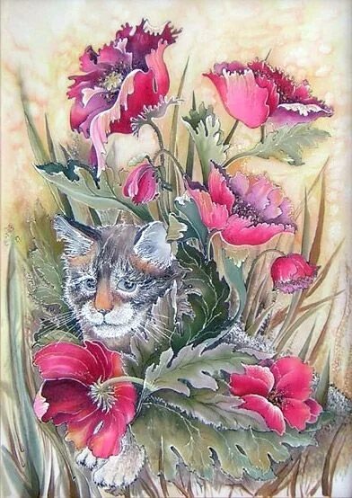 Мак коты. Галерея батика марины иванниковой. маковый котик вышивание. вышивка кот в маках.