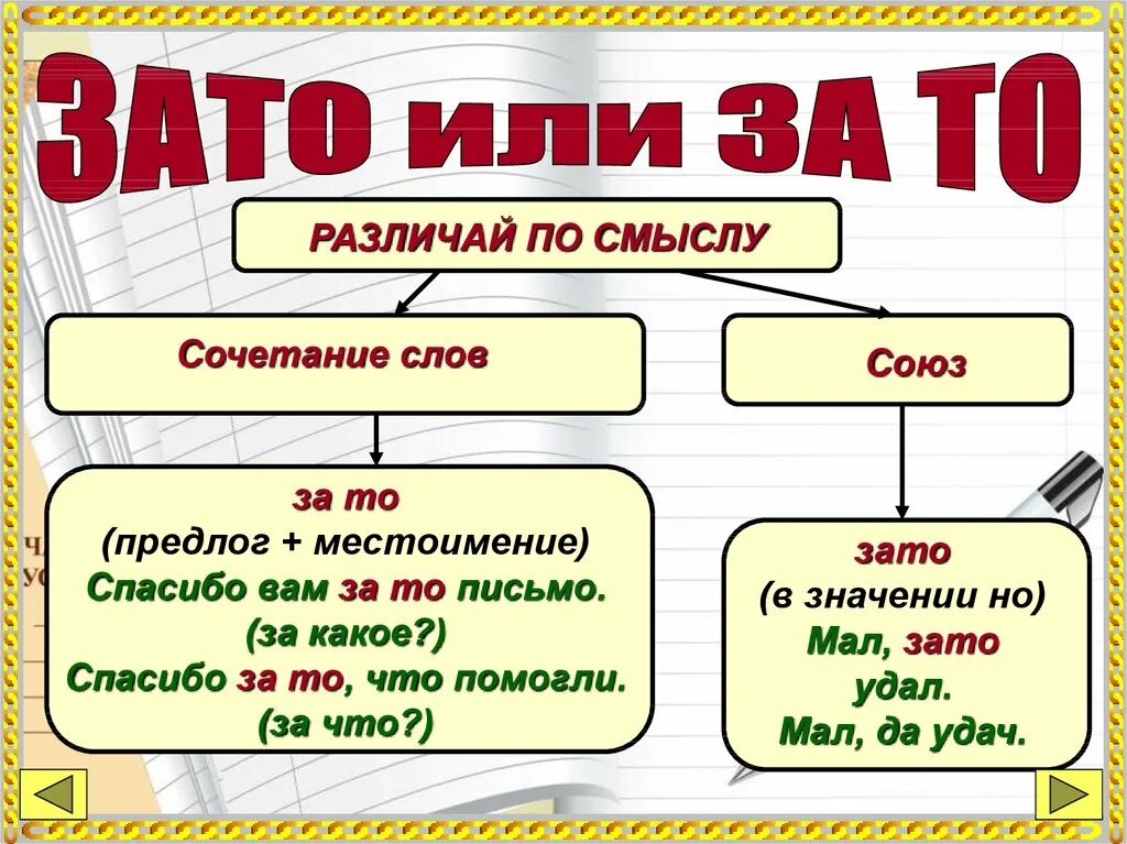 Зато или за то. Как пишется зато или за то. За-то или зато как правильно пишется. Правило правописания зато и за то