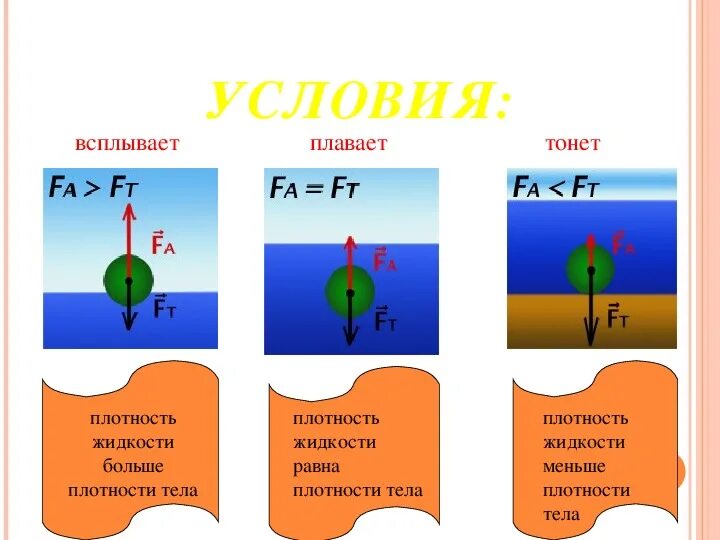 Плотность жидкости равна плотности тела. Плавание тел физика 7 класс. Условия плавания тел. Условия плавания тел 7 класс. Чему равна плотность жидкости в физике