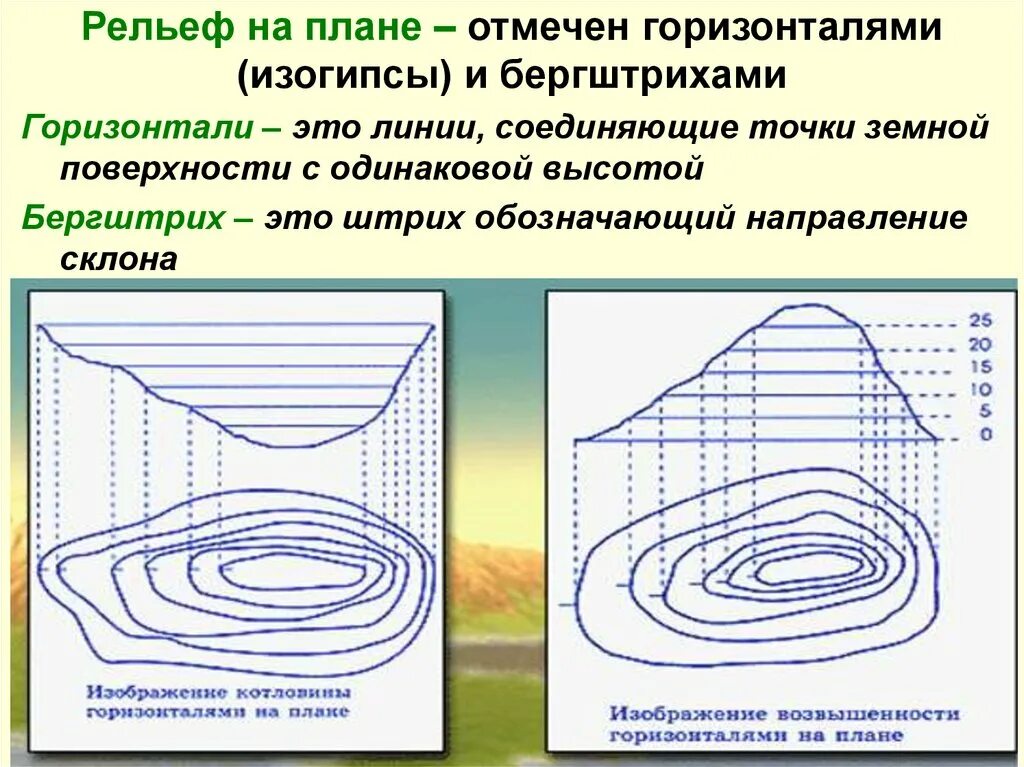 Горизонтали. Изображение рельефа местности по горизонталям. Изображение рельефа на плане. Изображение рельефа на планах и картах. Расчет горизонтали