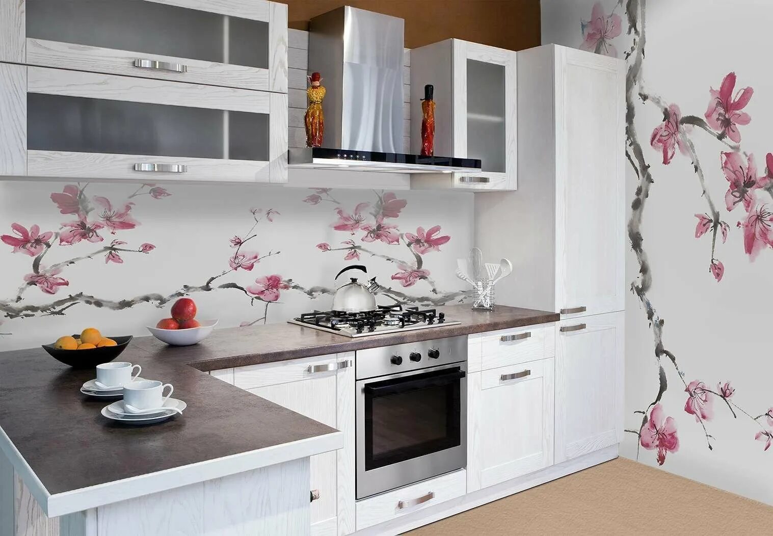 Кухня в японском стиле. Красивые фотообои на кухню. Кухня в стиле Сакура. Цветы на кухне. Фартук на стену леруа
