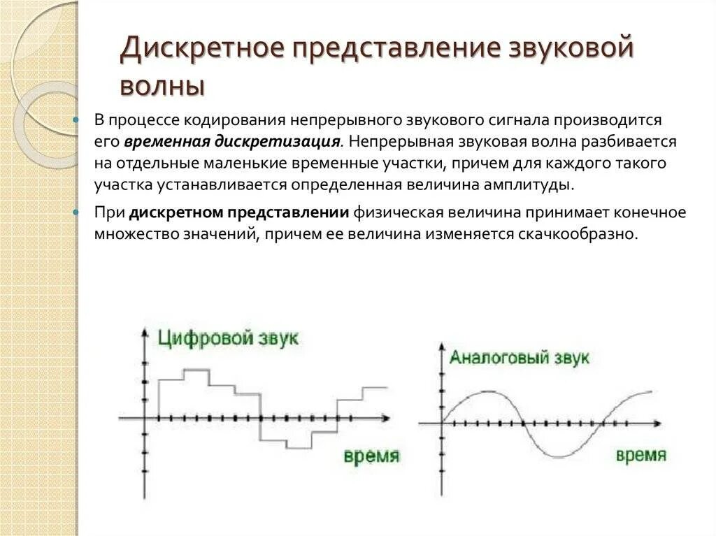 Дискретная и аналоговая форма звукового сигнала.. Дискретное представление звуковой и видеоинформации. Аналоговый дискретный и цифровой сигнал. Дискретное цифровое представление звуковой информации.