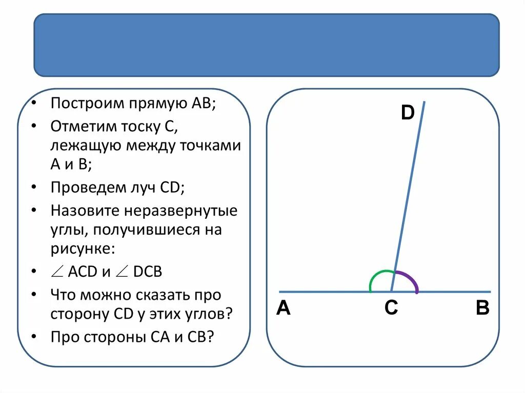 От любого луча в заданную сторону. Угол смежный с данным углом. От любого луча в заданную сторону можно отложить угол равный данному. Начертите угол смежный с данным углом. Смежные отрезки.